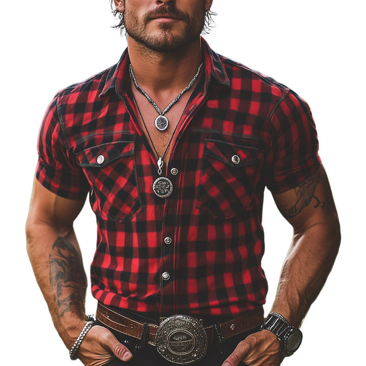 Letnia męska koszula w kratę w czerwono-czarnym kolorze z krótkim rękawem i guzikami - model MTA2678E3U