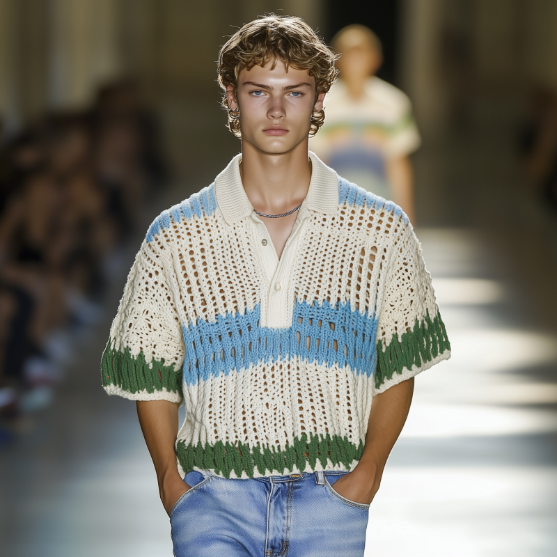 Męska casual polo koszulka z kontrastowym paskiem, luźna, krótki rękaw, MTA1038F9M