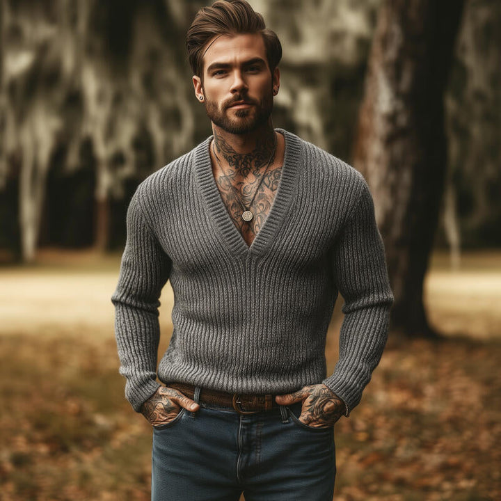 Męski sweter z dekoltem w serek, oddychający, slim fit, jednokolorowy MTA2855H8M