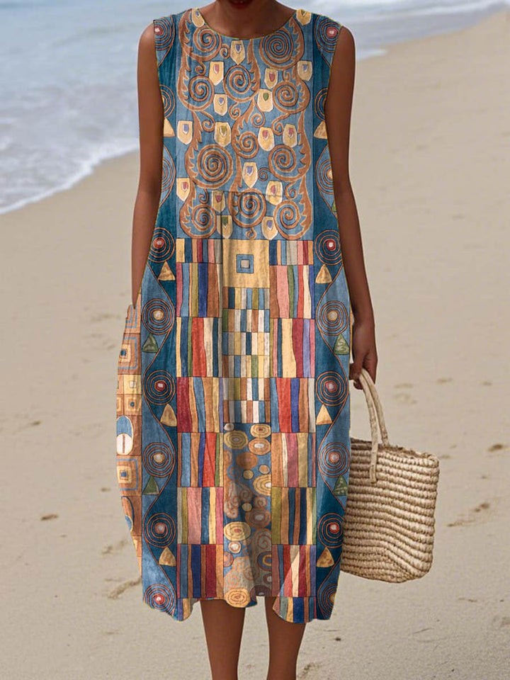 Mirka | Sukienka damska bez rękawów z abstrakcyjnym geometrycznym wzorem