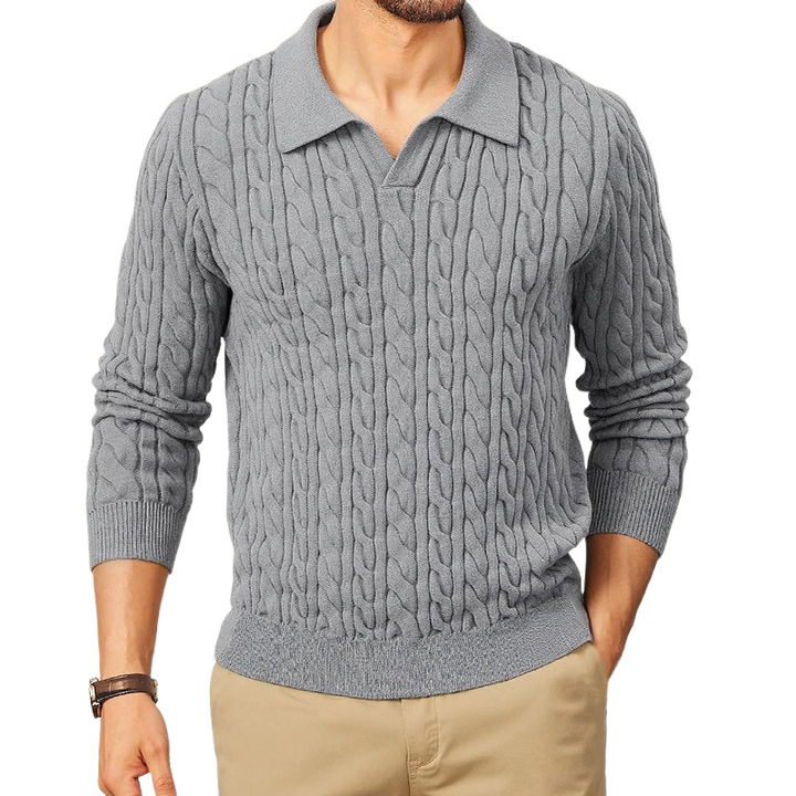 Męski sweter polo z dekoltem, slim fit, w jednolitym kolorze, z plecioną teksturą MTA1373H6X