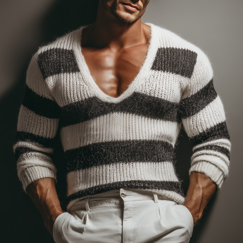 Męski Casual Sweter z Głębokim Dekoltem w Serek i Kontrastowymi Paseczkami Slim Fit z Długim Rękawem MTA3152G3M