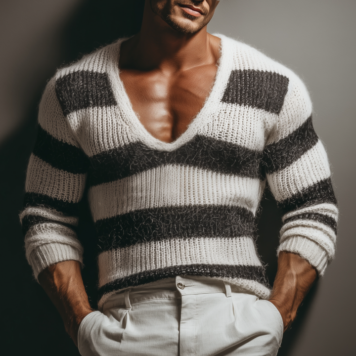 Męski Casual Sweter z Głębokim Dekoltem w Serek i Kontrastowymi Paseczkami Slim Fit z Długim Rękawem MTA3152G3M