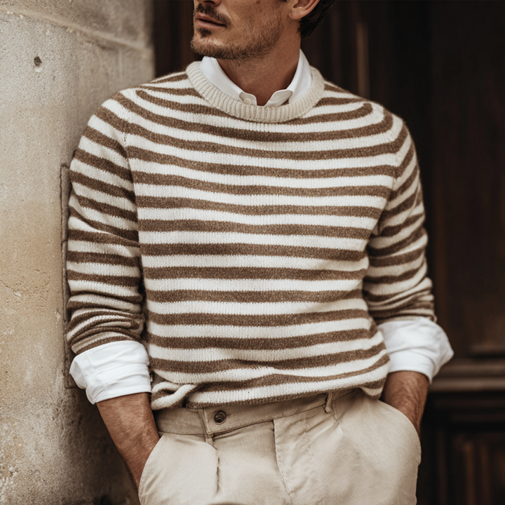 Męski sweter w paski z okrągłym dekoltem i długim rękawem MTA2026H7Z