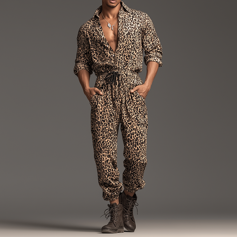 Męski Retro Casual Kombinezon w Wzór Lamparta z Kołnierzykiem i Długim Rękawem MTA0421H8TO