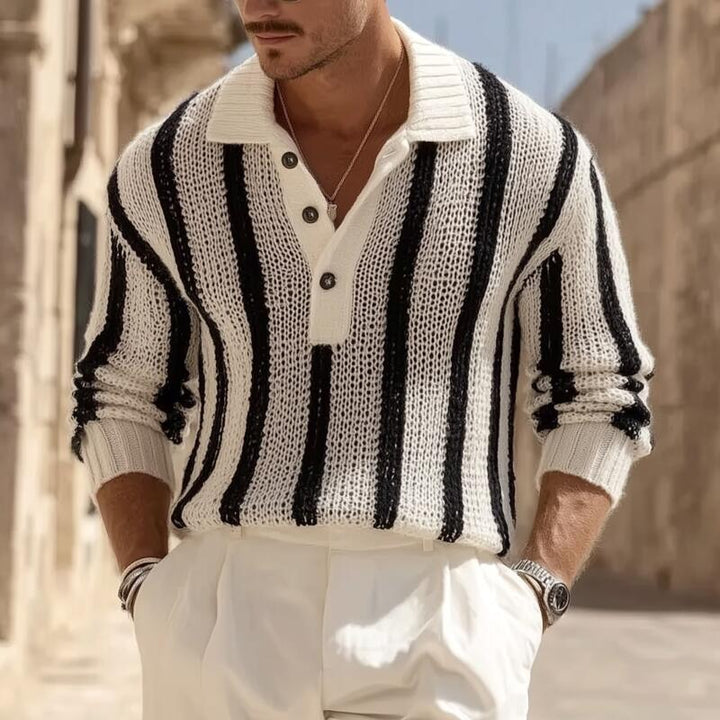 Męski vintage sweter z kontrastowymi paskami, oddychający, z kołnierzykiem polo, luźny, MTA2831H1M