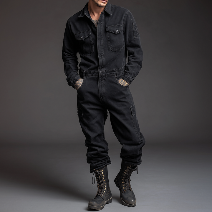 Męski retro casual bawełniany prany kombinezon z kołnierzykiem i długim rękawem MTA0472H9TO