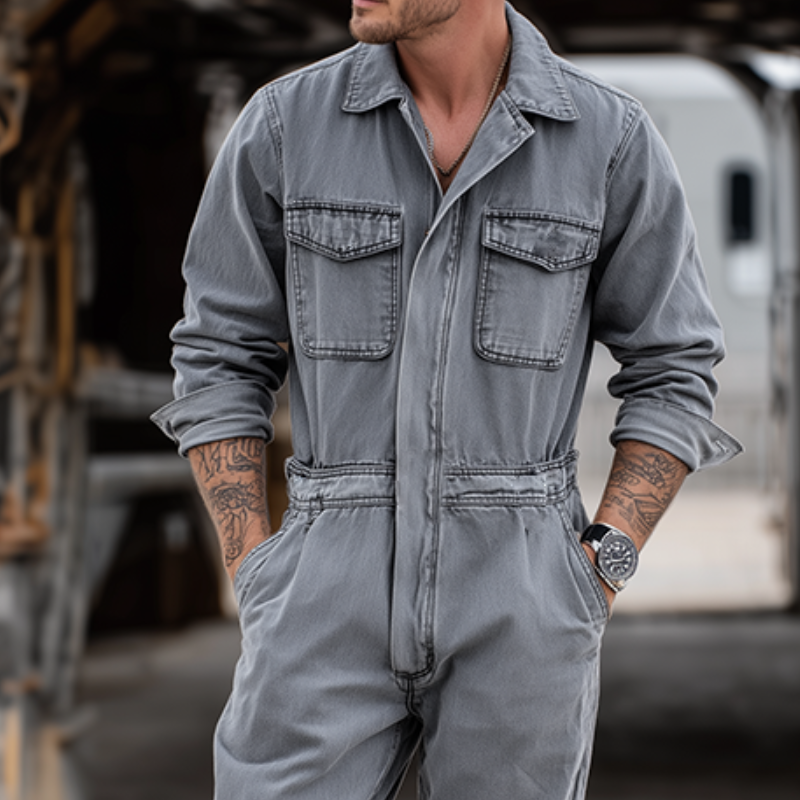 Męska Retro Casual Dżinsowa Prana Koszula z Długim Rękawem Kombinezon MTA0436H3TO