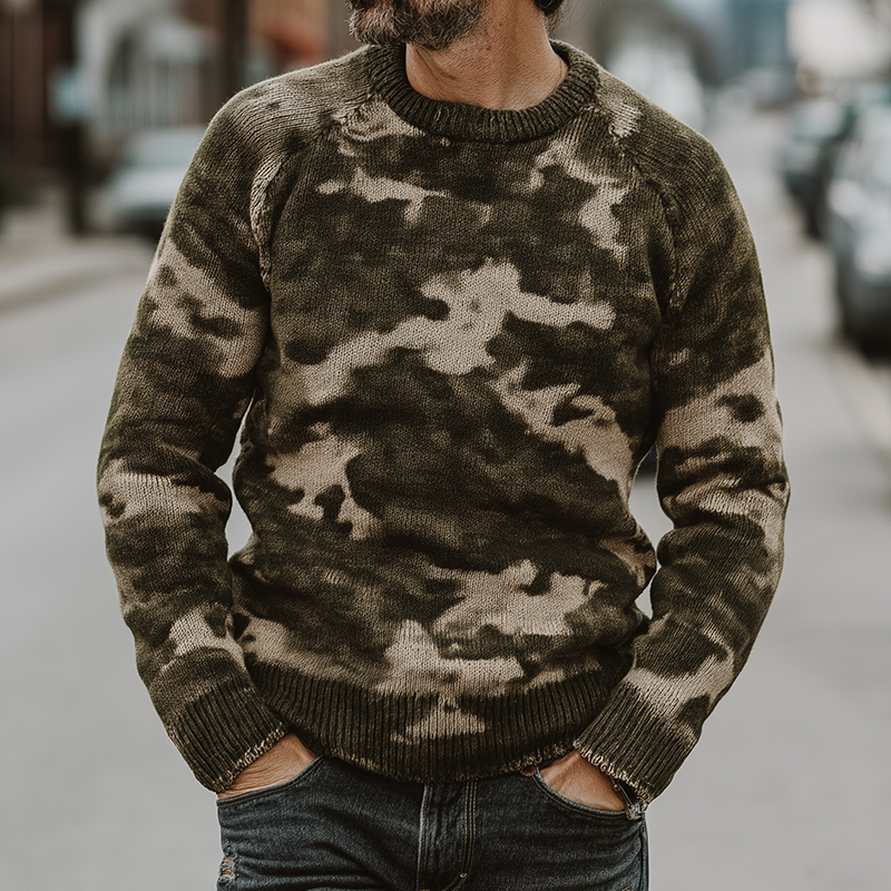 Męski Retro Casual Sweter w Kamuflażu z Okrągłym Dekoltem MTA2169H0TO