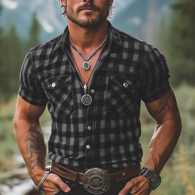 Letnia męska koszula w kratę w czerwono-czarnym kolorze z krótkim rękawem i guzikami - model MTA2678E3U