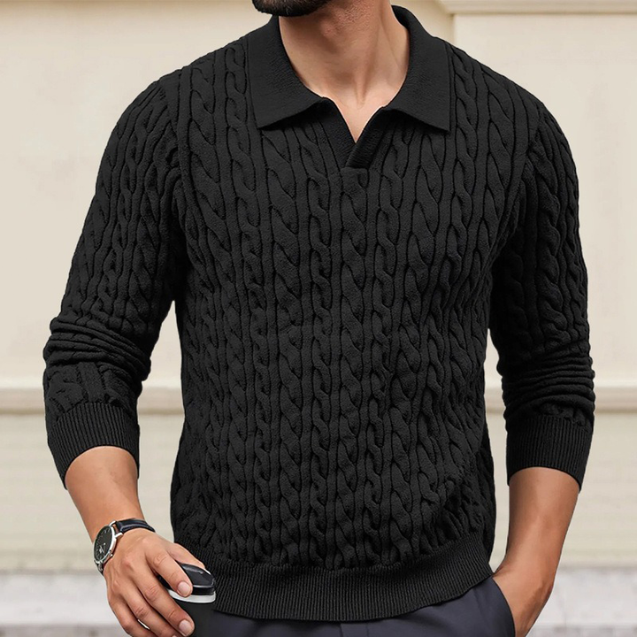 Męski sweter polo z dekoltem, slim fit, w jednolitym kolorze, z plecioną teksturą MTA1373H6X