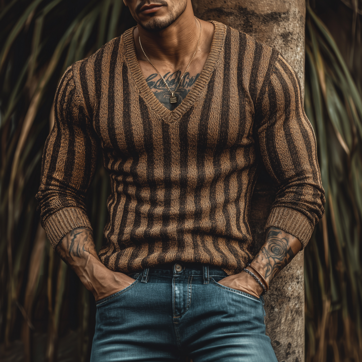 Męski Vintage Kontrastowy Sweter z Pionowymi Pasami w Dekolcie Slim Fit MTA1877H4M