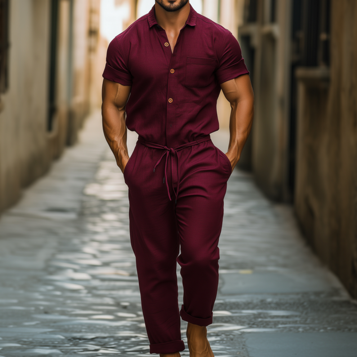 Męski Casual Oddychający Kombinezon Bawełniano-Lnianym z Kołnierzem i Kieszeniami na Krótkich Rękawach MTA1395F0M