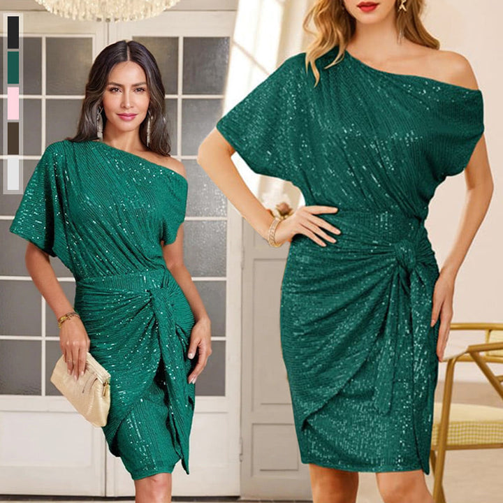 Klaudia | Sukienka na Jedno Ramię z Cekiny na Przyjęcie