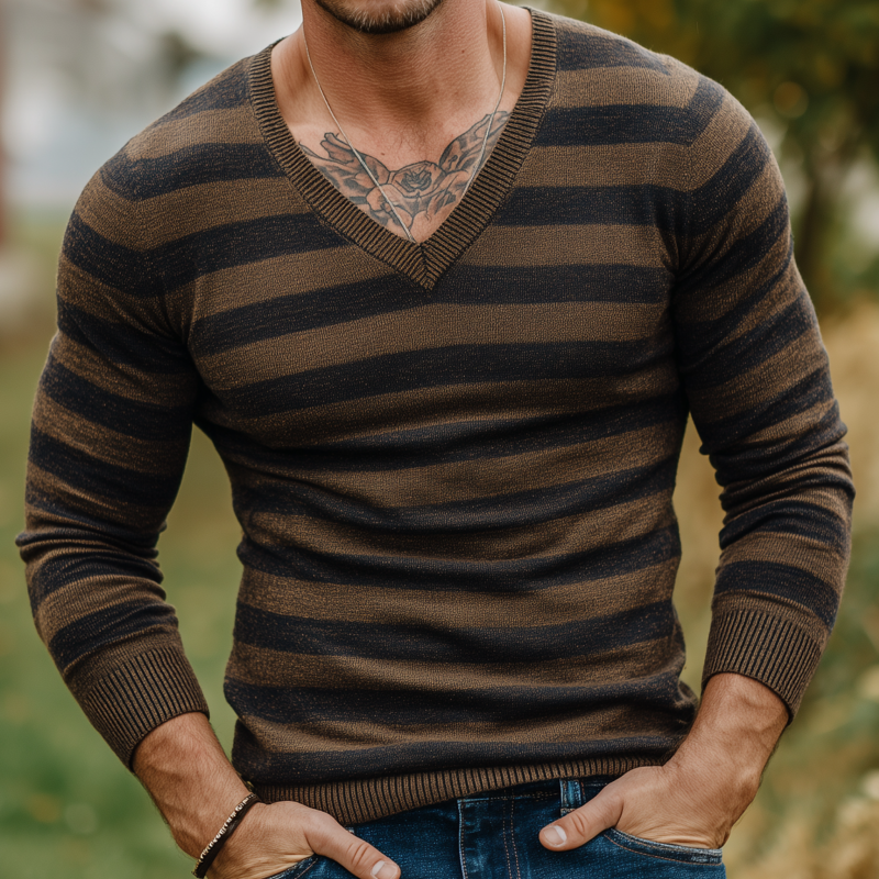 Męski vintage sweter z dekoltem w serek i kontrastowymi paskami MTA1813H3M