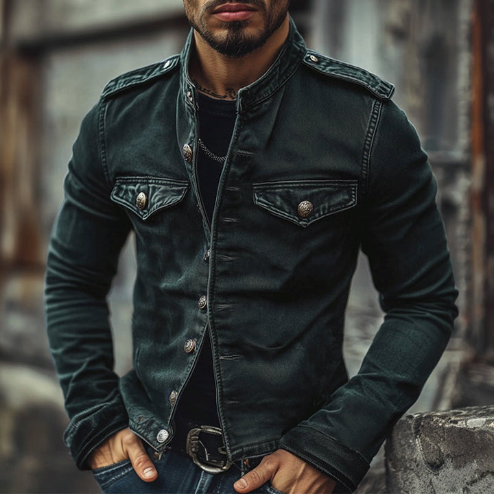 Męska Vintage Dżinsowa Kurtka z Stojącym Kołnierzem 75697045X
