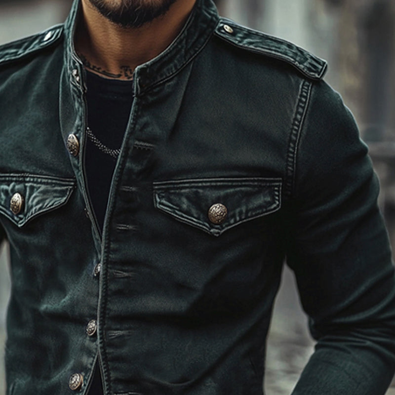 Męska Vintage Dżinsowa Kurtka z Stojącym Kołnierzem 75697045X