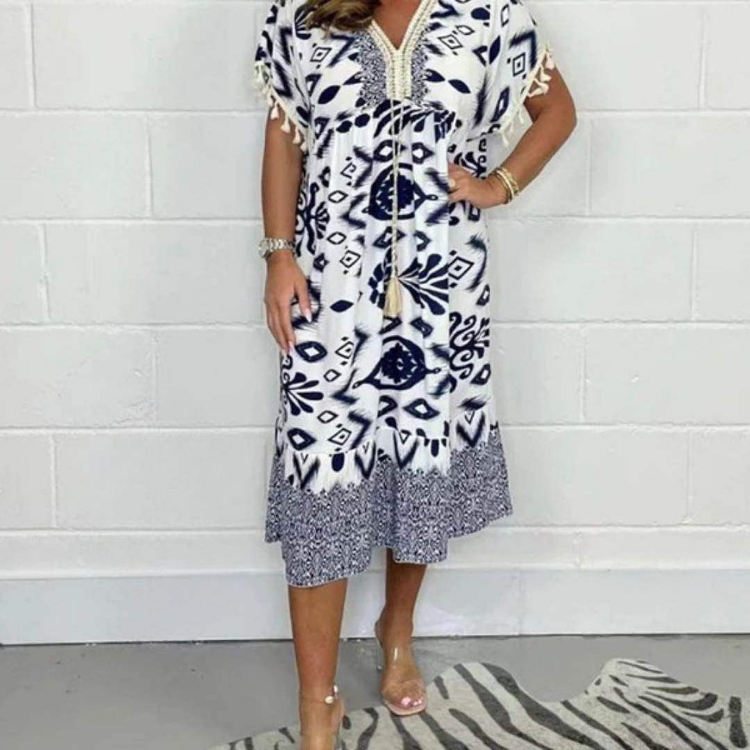 Nadia | Letnie sukienki z dekoltem w kształcie V i frędzlami na krótkich rękawach