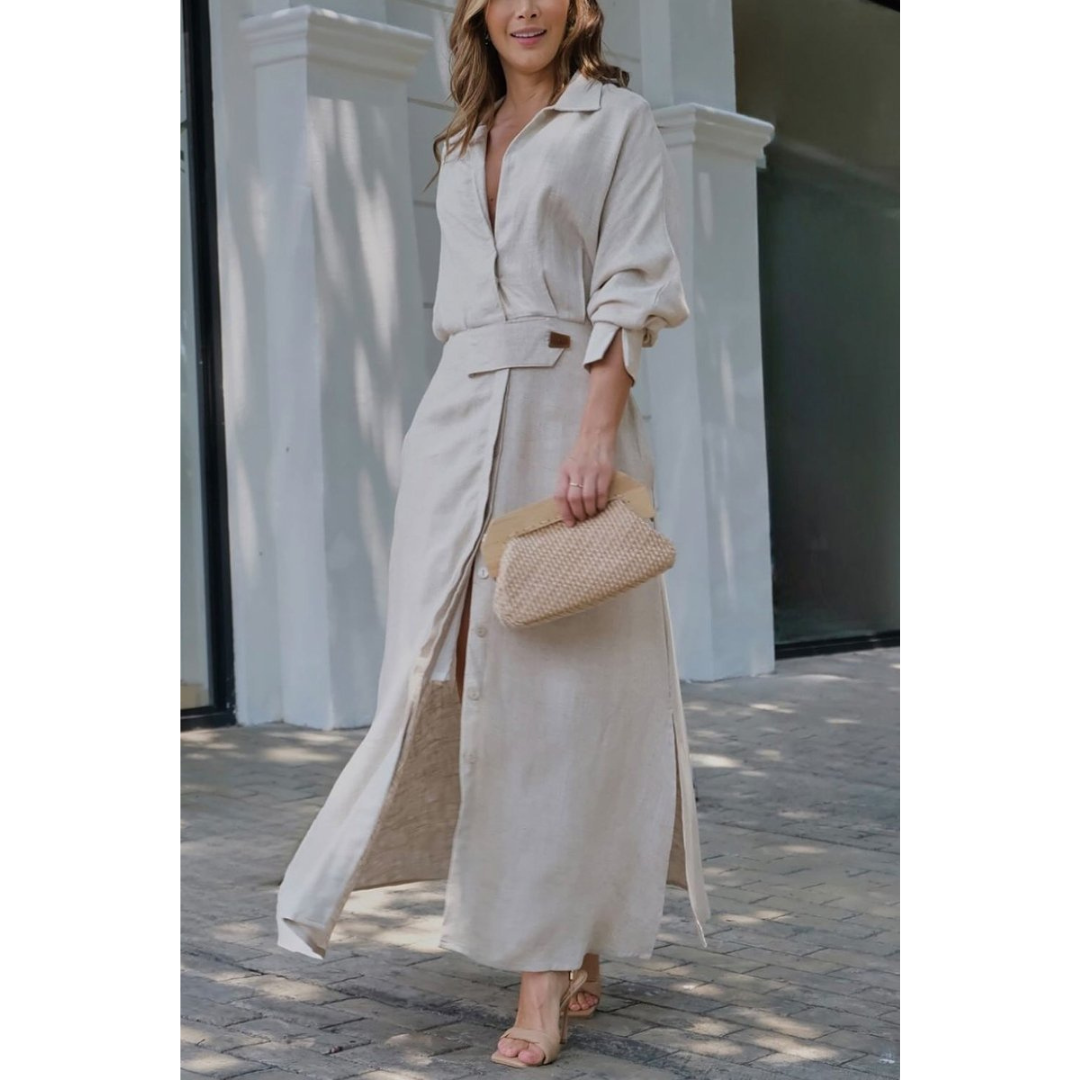 Barbara | Maxi sukienka z bawełny i lnu z guzikami i paskiem w talii