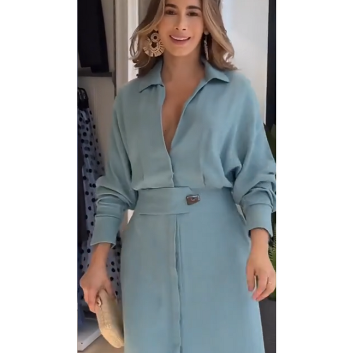 Barbara | Maxi sukienka z bawełny i lnu z guzikami i paskiem w talii