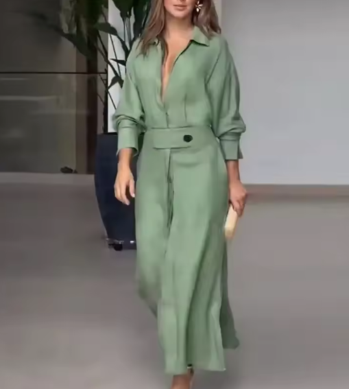 Barbara | Maxi sukienka z bawełny i lnu z guzikami i paskiem w talii