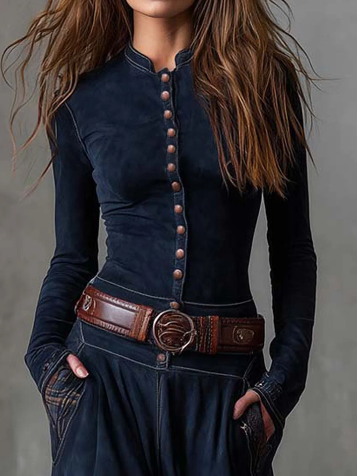 Granatowa w kratę panelowa vintage sukienka maxi (z paskiem)