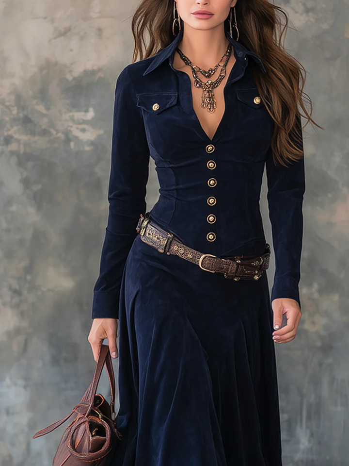 Vintage Sukienka Maxi z Kieszeniami na Klapki z Poliestru Suede (Z paskiem)