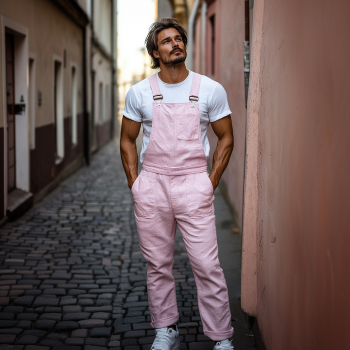 Męski Casual Oddychający Len Jednokolorowy Kombinezon z Wiele Kieszeniami MTA2716E8M