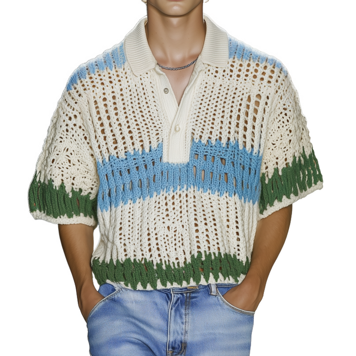 Męska casual polo koszulka z kontrastowym paskiem, luźna, krótki rękaw, MTA1038F9M