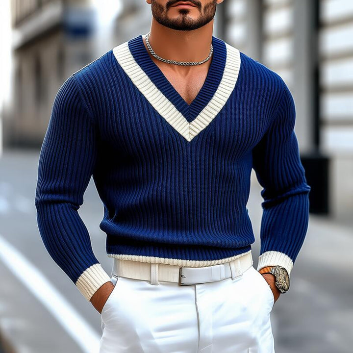 Męski Vintage Kontrastowy Sweter z V-dekoltem, Slim Fit, Długi Rękaw MTA2709H9M