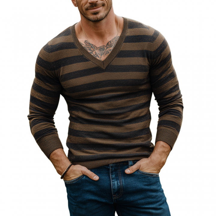 Męski vintage sweter z dekoltem w serek i kontrastowymi paskami MTA1813H3M