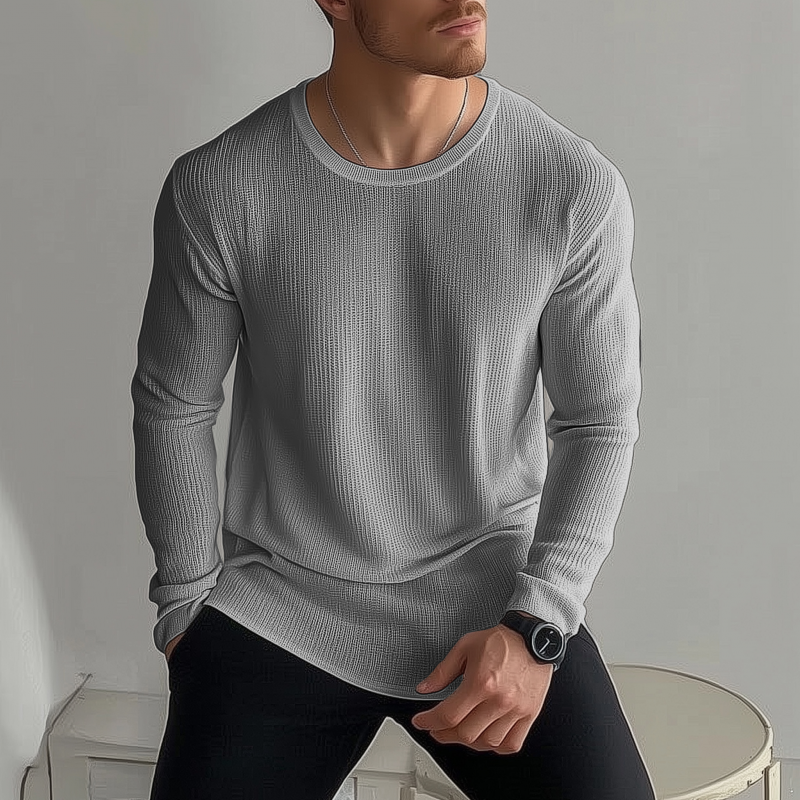 Męski Casual Jednokolorowy Oddychający Sweter T-shirt z Okrągłym Dekoltem Luźny Długi Rękaw MTA2184G6M