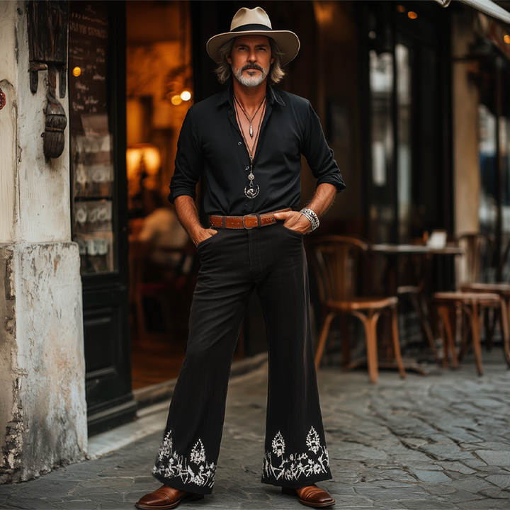 Męskie Spodnie w Stylu Western Cowboy Vintage Srebrne Haftowane z Rozszerzoną Nogawką MTA1324F7U