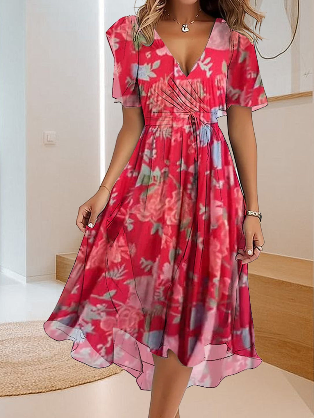 Alicja | Casual sukienka z prostym nadrukiem i dekoltem w kształcie V