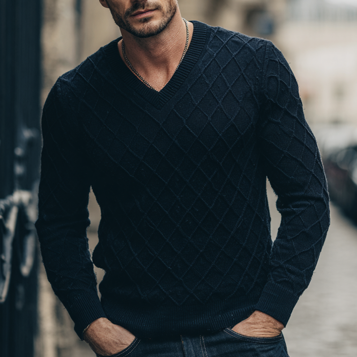 Męski sweter z dekoltem w serek w jednolitym kolorze z teksturą w romby MTA1351H3X