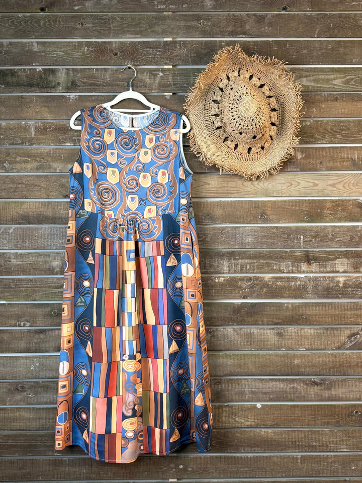 Mirka | Sukienka damska bez rękawów z abstrakcyjnym geometrycznym wzorem