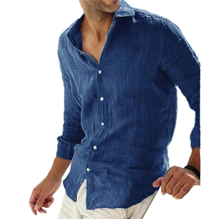 Męska Jednokolorowa Koszula Casual z Lnianym Kołnierzykiem, Oddychająca, Długi Rękaw - Model 78653851Y