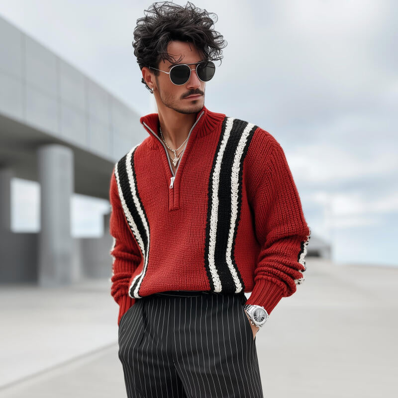 Męski Vintage Kontrastowy Sweter z Oddychającej Dzianiny z Zapięciem na Zamek i Stojącym Kołnierzem MTA2841H3M