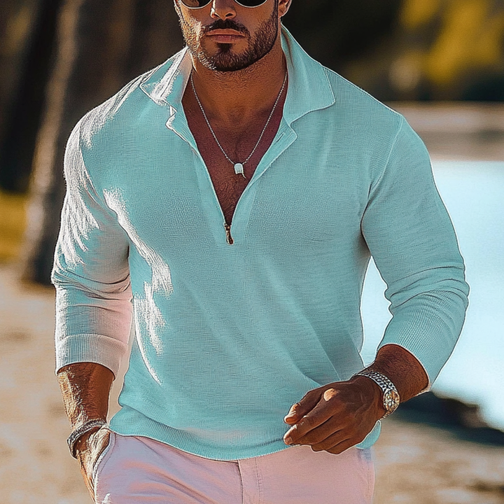 Męski Sweter Pleciony w Prostej Farbę z Luźnym Krojem i Zamkiem MTA2409G2X