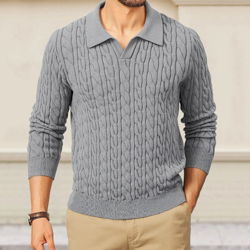 Męski sweter polo z dekoltem, slim fit, w jednolitym kolorze, z plecioną teksturą MTA1373H6X