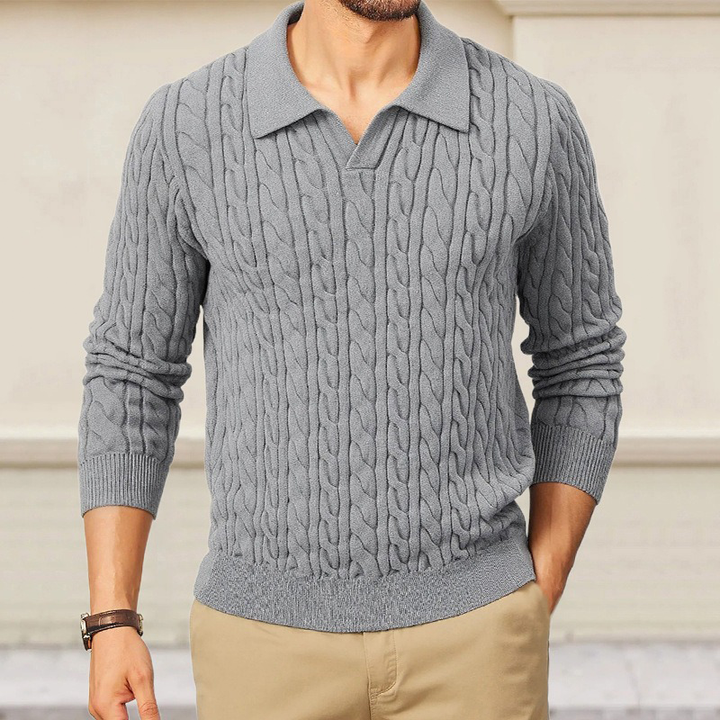 Męski sweter polo z dekoltem, slim fit, w jednolitym kolorze, z plecioną teksturą MTA1373H6X