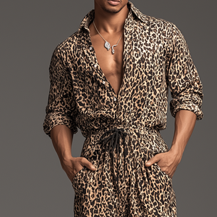 Męski Retro Casual Kombinezon w Wzór Lamparta z Kołnierzykiem i Długim Rękawem MTA0421H8TO