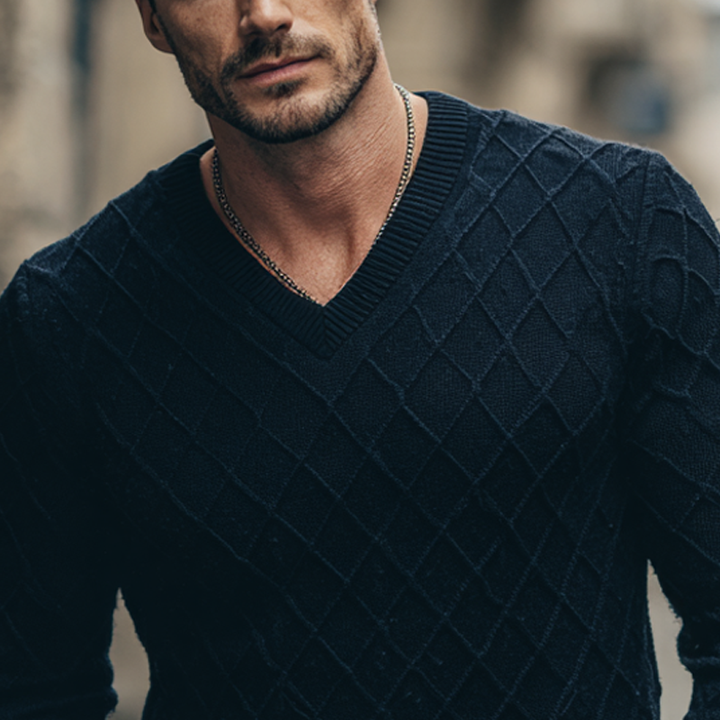 Męski sweter z dekoltem w serek w jednolitym kolorze z teksturą w romby MTA1351H3X