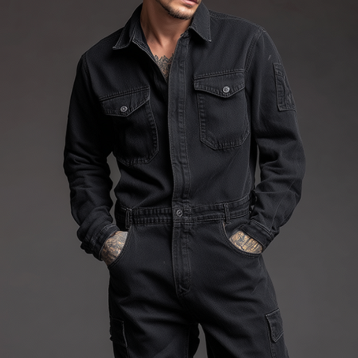 Męski retro casual bawełniany prany kombinezon z kołnierzykiem i długim rękawem MTA0472H9TO