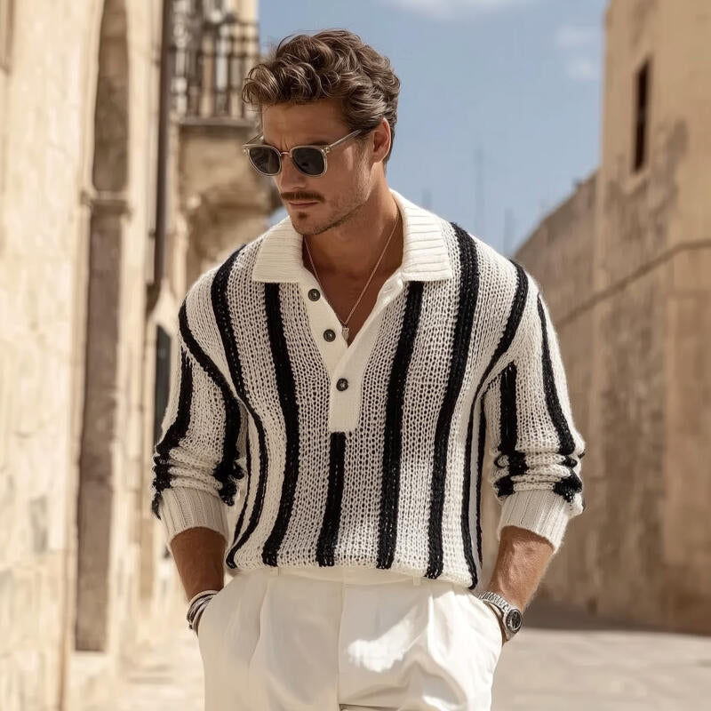 Męski vintage sweter z kontrastowymi paskami, oddychający, z kołnierzykiem polo, luźny, MTA2831H1M