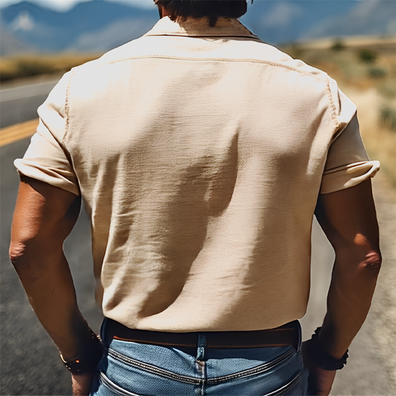 Klasyczna Męska Letnia Koszula Retro z Haftem z Bawełny i Lnu, Krótki Rękaw - MTA2807D7K