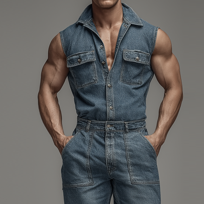 Męski Retro Casual Prany Dżinsowy Bezrękawnik z Kołnierzem MTA0440H4TO