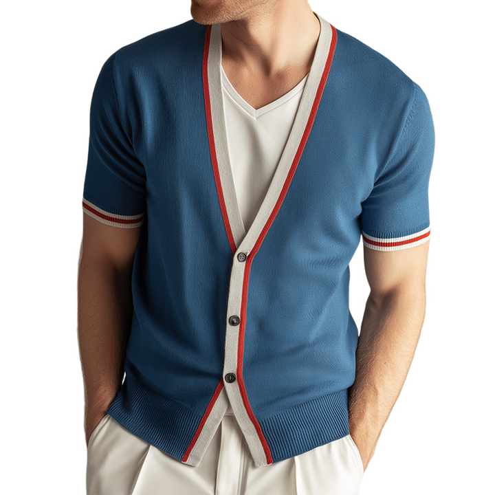 Męski Retro Casual Sweter Krótki Rękaw w Kontrastowych Kolorach MTA0639H4TO