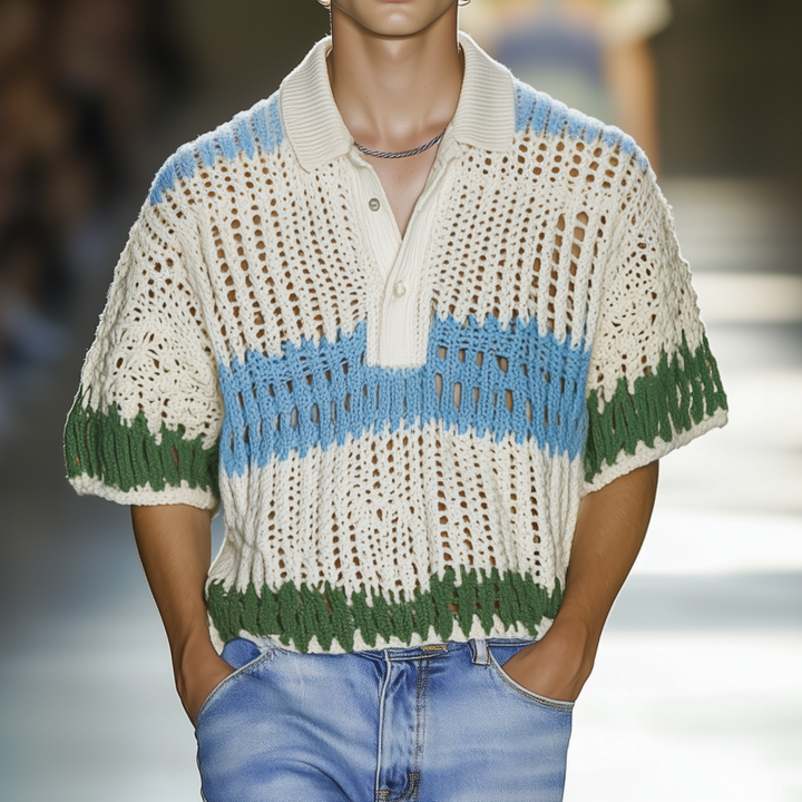 Męska casual polo koszulka z kontrastowym paskiem, luźna, krótki rękaw, MTA1038F9M