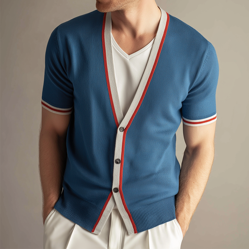 Męski Retro Casual Sweter Krótki Rękaw w Kontrastowych Kolorach MTA0639H4TO